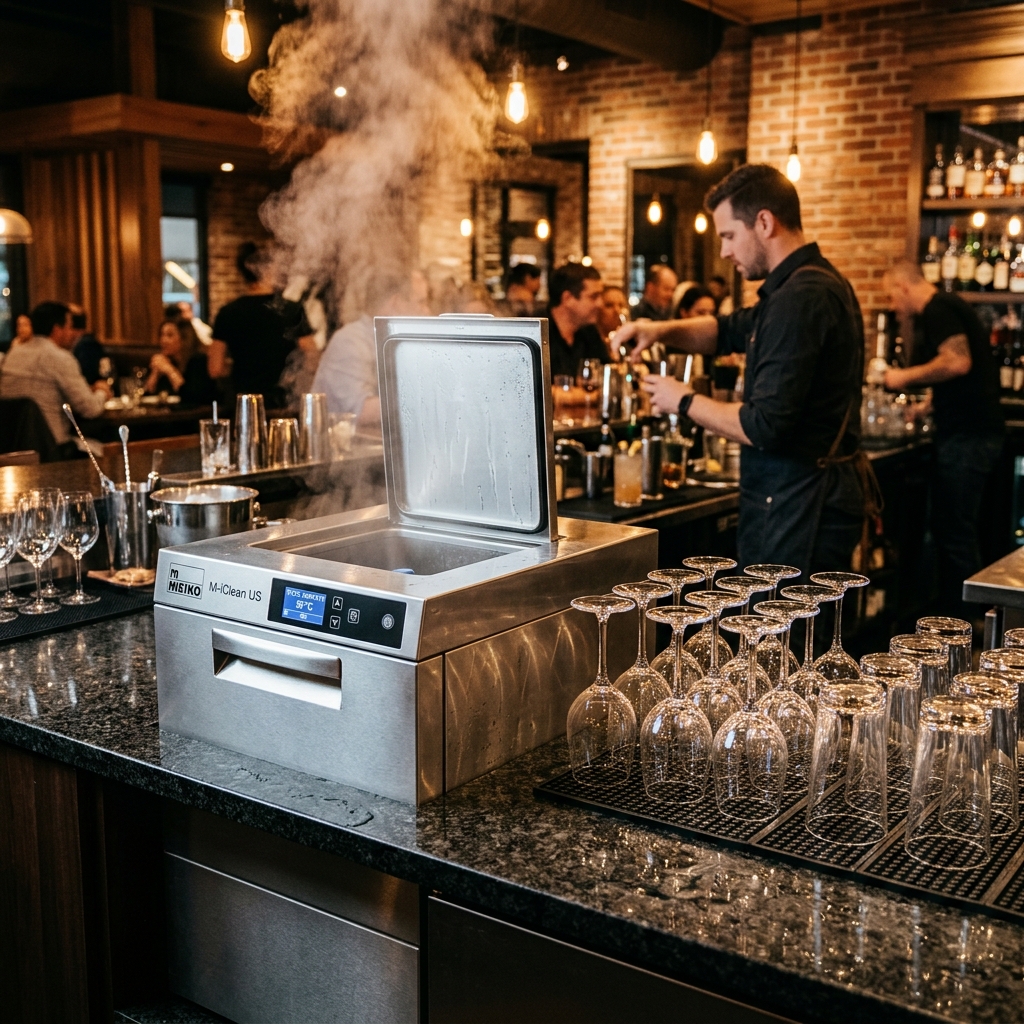 Prahantam commercial Warewasher in a premium bar environment with sparkling clean glasses